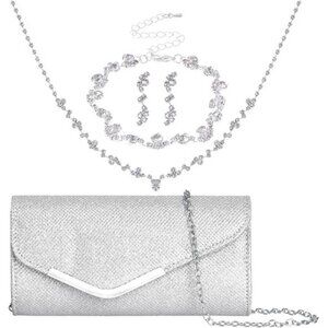4 Pieces Silver Jewelry Set with Clutch Women Evening Rhinestone Jewelry Bling